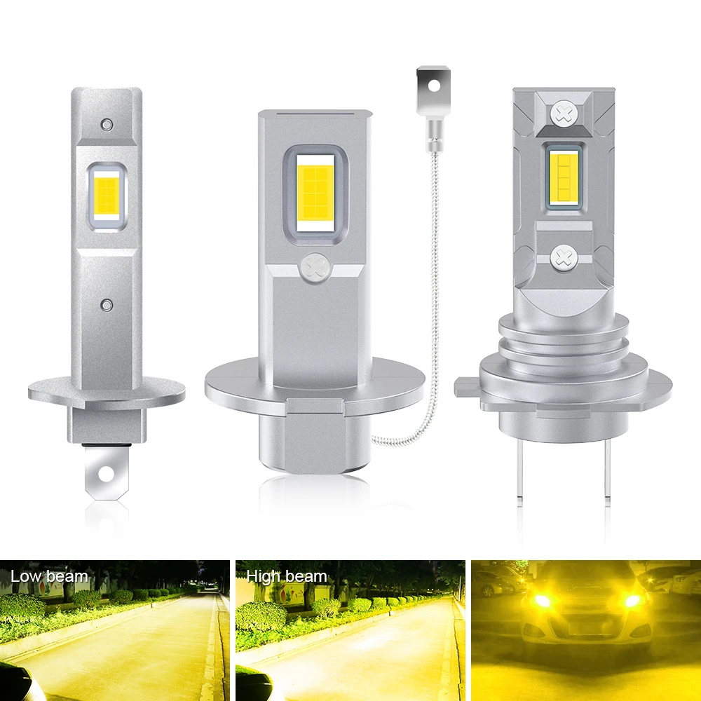 2PCS DRL LED Car Headlight Fanless H1 H3 H7 3000K Yellow Auto Lamp 1:1 Size LED Auto Driving Running Light Car Accessories