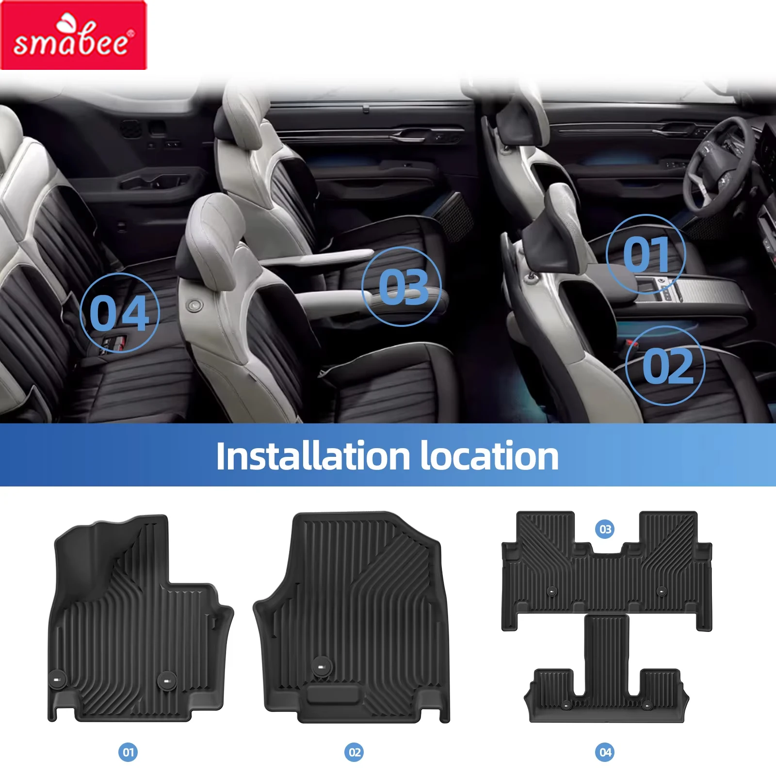 Tapetes de Carro 3D TPE Smabee para Kia EV9 6 Lugares 2024 2025 Versão Coreana/Americana, Tapete de Porta-Malas, Tapete para os Pés, Acessórios Automotivos Impermeáveis, Preto