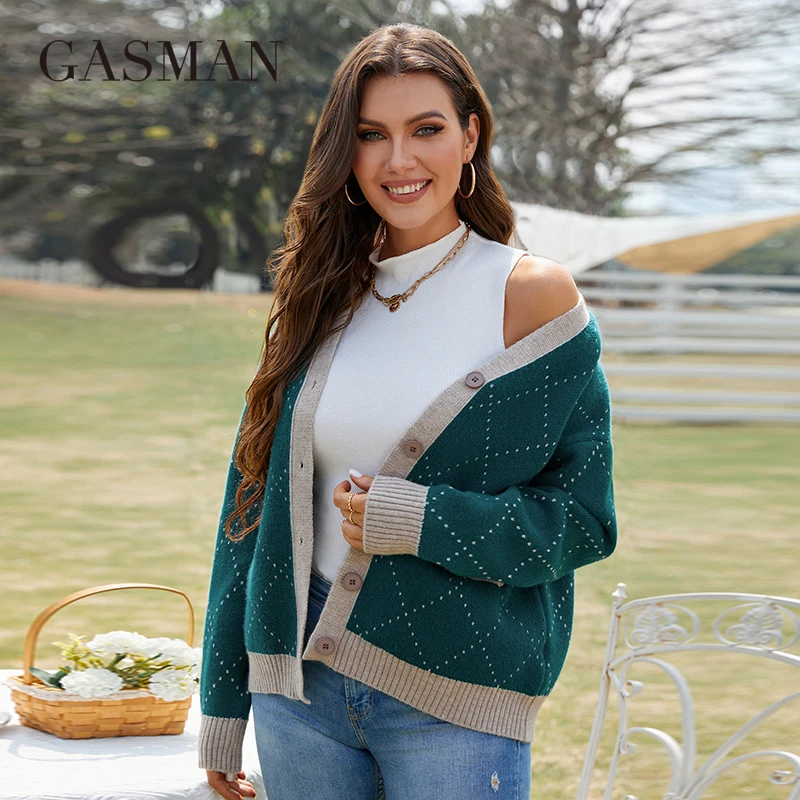 GASMAN 2022 Spring Cardigan for women diamond block lattice Fashion color contrast design Women\'s sweater coat women AW-2021015