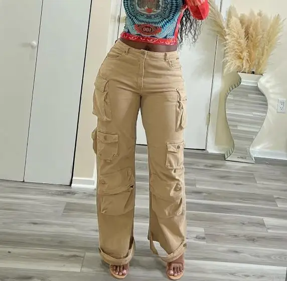 

New women's fashion trend straight tube loose workwear design with multiple pockets denim pants