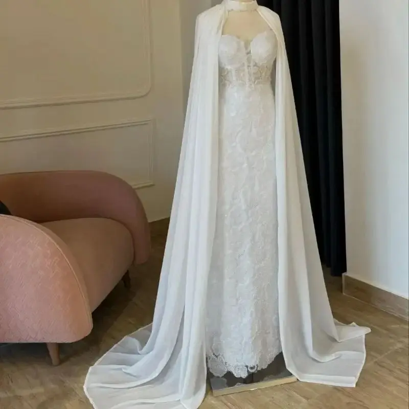 Shawl Ivory White Flowers Saudi Evening Dresses Woman Elegant Customized Prom Dress With Stones and Crystals Party Wedding Gown