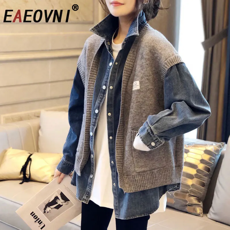 

EAEOVNI Autumn Winter Knitted Denim Jacket Women Patchwork Contrast Color Button Pockets Design Coat Fashion New Clothing