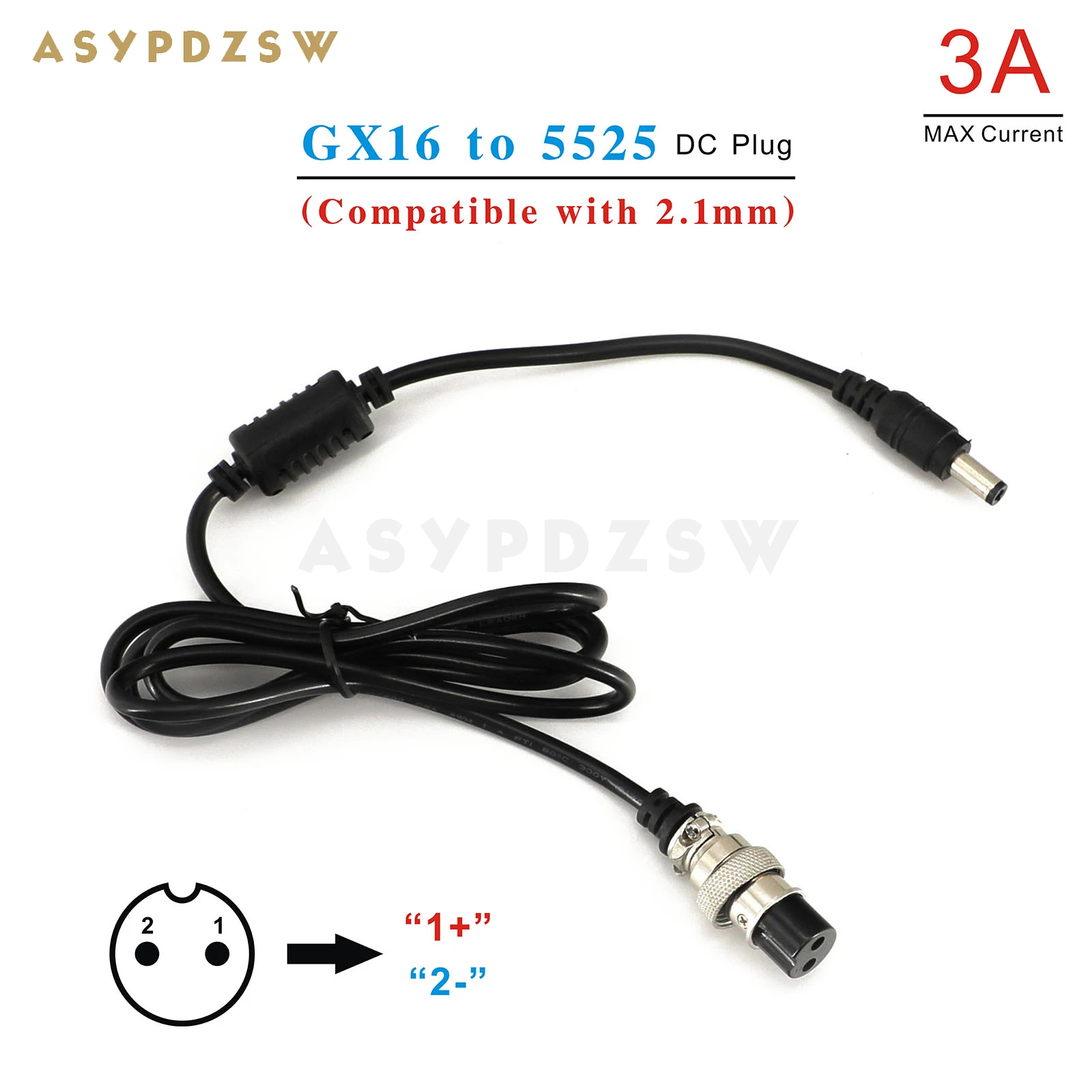 Cabo de alimentação linear, 1.2m GX16-2PIN to DC 5525 Plug, 5.5x2.5mm, compatível 2.1mm, 3A PSU cabo