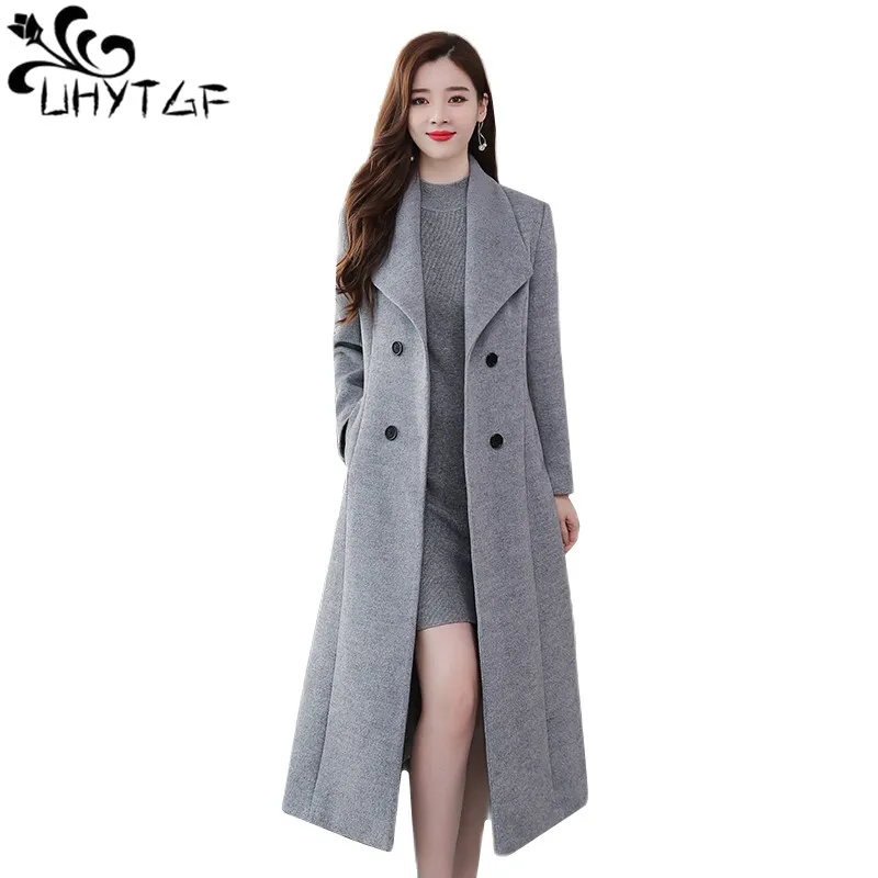 

UHYTGF серые, черные длинные шерстяные пальто женские 2022, двубортные тонкие кашемировые куртки на весну и осень, женская верхняя одежда Chaquetas 2117