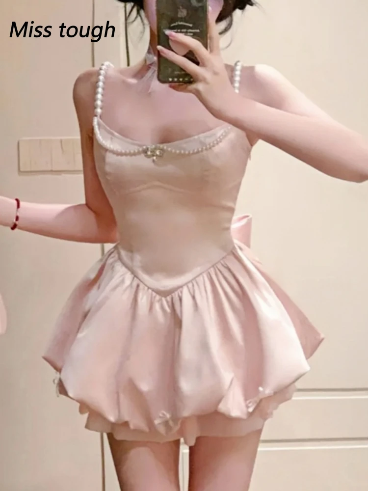

Women Sweet Satin Mini Dress Pearl Strap Puff Skirt Cute Princess Style Slim Fit Sleeveless Dress Party Holiday Summer Look 2025
