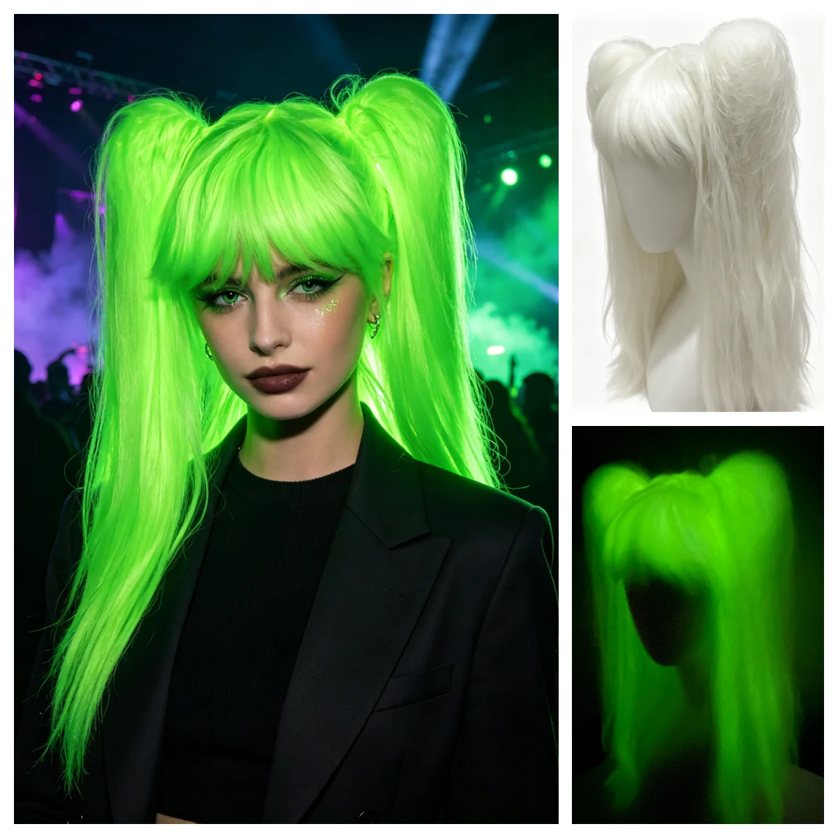 Anxin Brand Synthetic Fiber Wigs: Luminous Fiber, White Straight Long Hair with Bangs and Double Ponytails, Suitable for Y2K Outfits, Cosplay, Stage Performances, Halloween Costumes, Glow-In-The-Dark Parties, Electronic Music Festivals, and Women's Costumes. Machine-Made Wigs