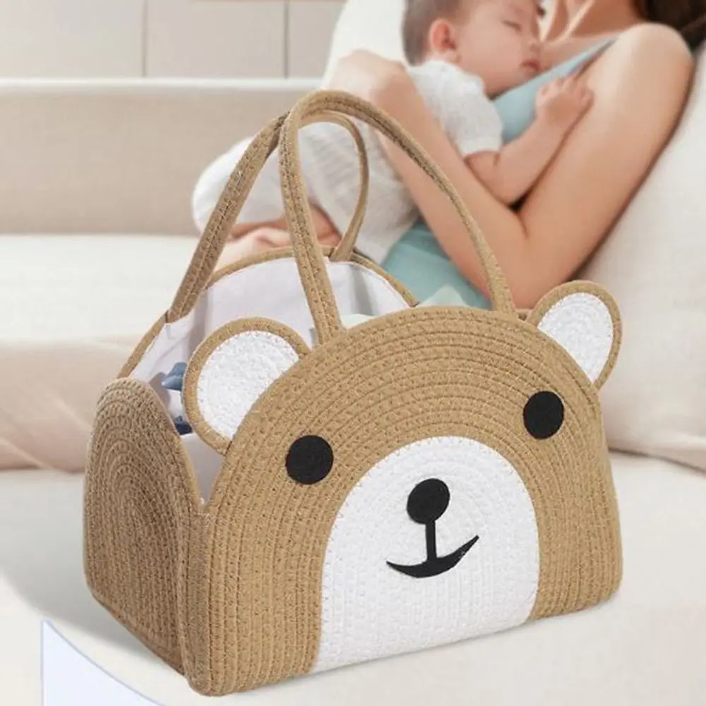 

Cute Cotton Rope Baby Diaper Bag Bear Pattern Handheld Diaper Storage Bin with Handle Large Capacity Mommy Bag Newborn