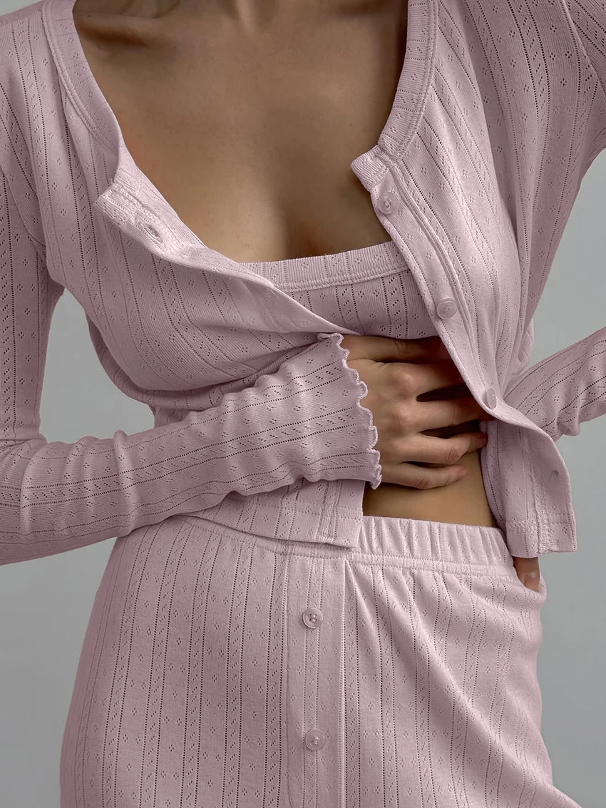 Marthaqiqi Home Clothes Ladies O-Neck Sleepwear Thank Tops Pajamas Long Sleeve Crop Top Nightwear Pants Nightgowns 3 Piece Suit
