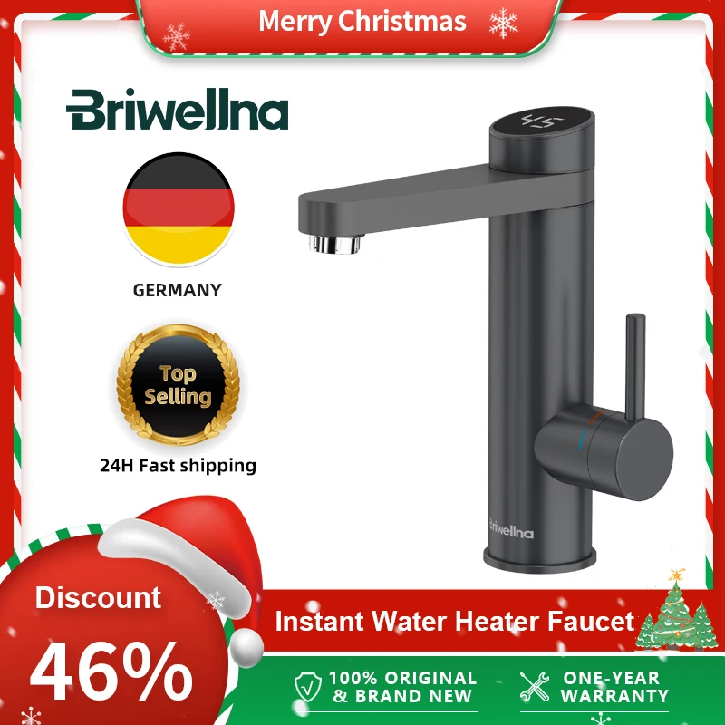 Briwellna Stainless Steel Electric Faucet With Digital Display 220V Instant Hot Water Tap Faucet 120° Swivel Spout Heating Tap