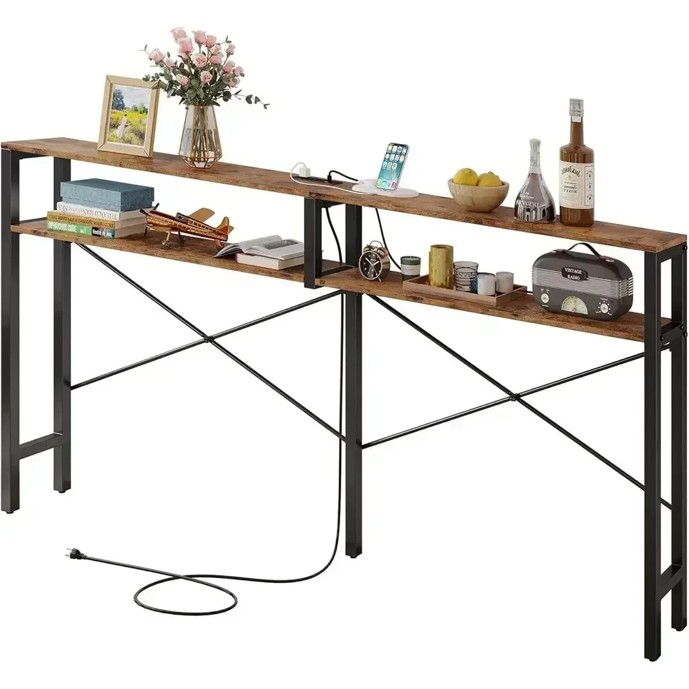 Power Outlet Dining Table, Long Sofa Table with Shelves, X-Design Sofa Table, Slim Entryway Sofa Table, Vintage Brown