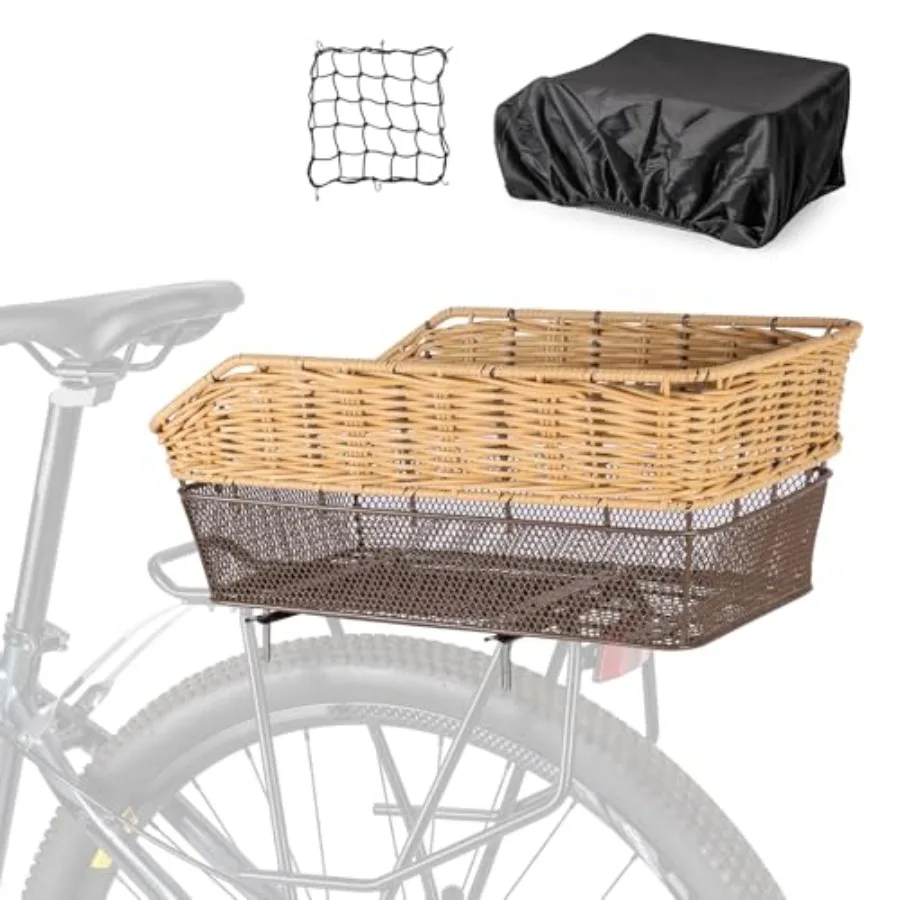 

Rear Bike Basket - Large Bicycle Rear Basket with Cargo Net and Waterproof Cover, Hand-Woven Baskets Rear Large Capacity