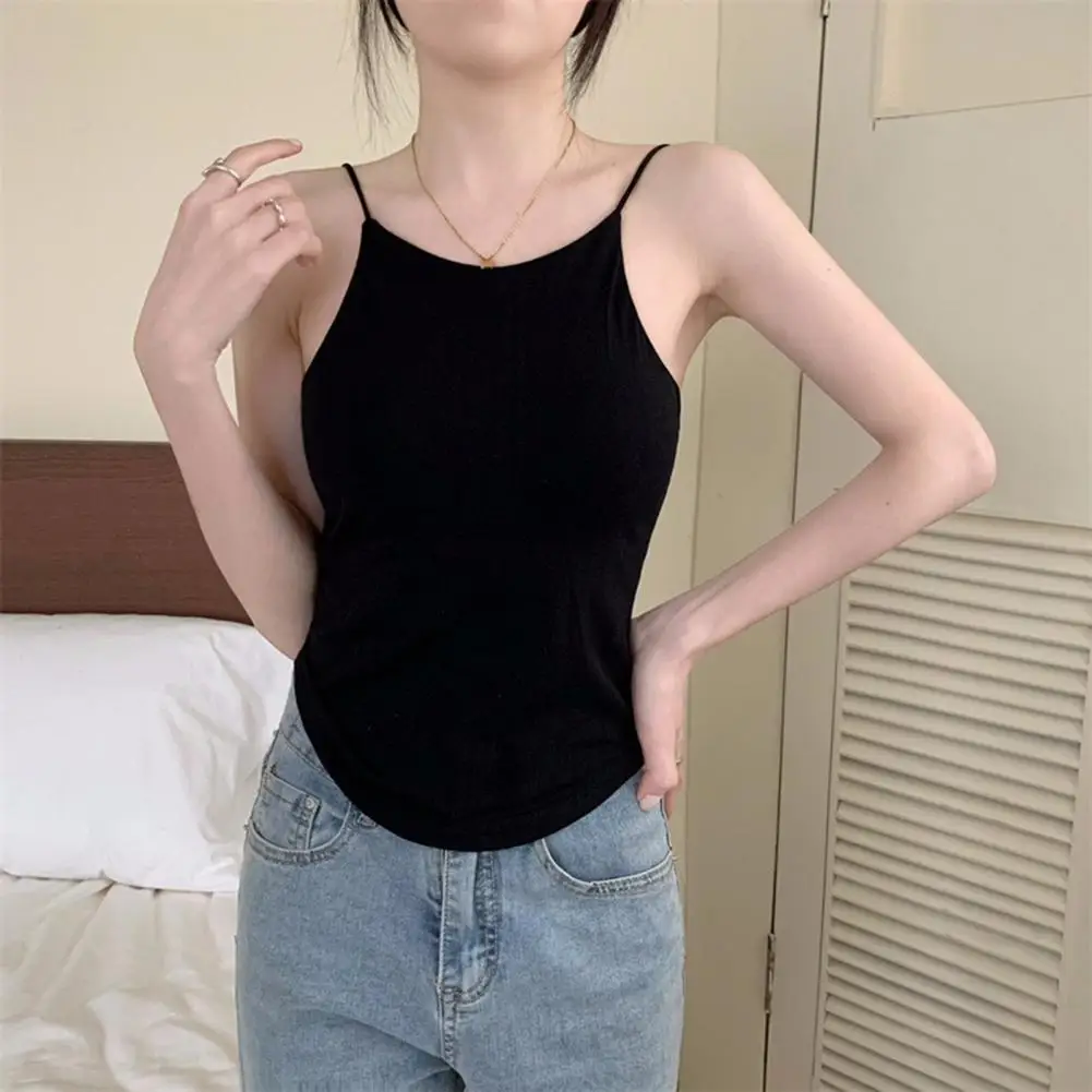 Summer Women's Padded Cami Tank Top Double Lined Spaghetti Strap Basic Undershirts With Built In Bra Slim Fitted Vest Top