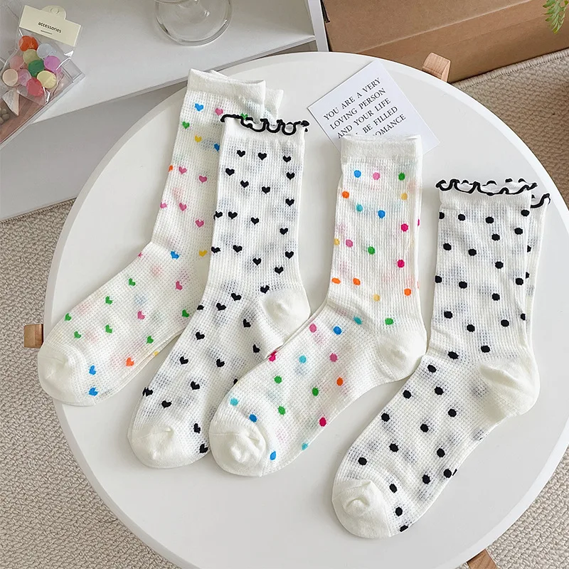 Multicolor Polka Dot Women Socks Summer Thin Hollow Out Meah Breathable Long Socks Japanese Kawaii Cute Sweet Girls Ruffle Socks