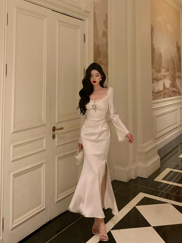 النمط الفرنسي الأنيق الصناعة الثقيلة الماس ساحة الرقبة متوهج كم عالية الخصر سليم صالح ذيل السمكة فستان حفلة طويلة النساء الخريف #2