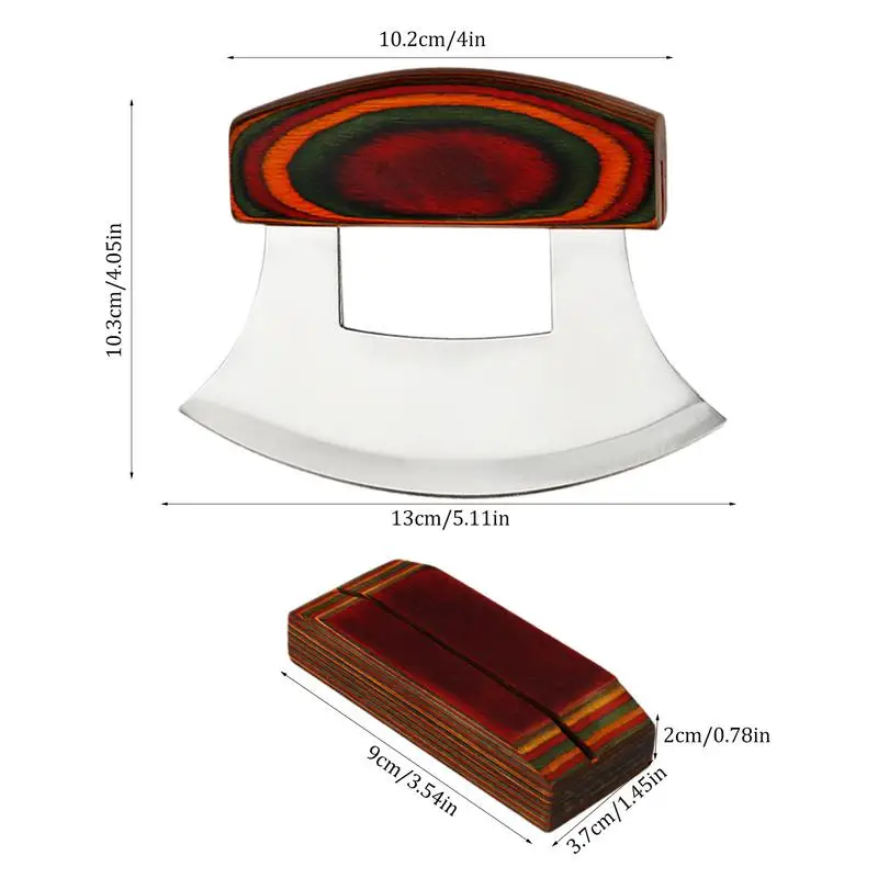 Aço inoxidável Alaskan Ulu cortador com suporte de madeira, Rocker Slicer, ergonômico Anti-Slip Handle, Mezzaluna cortador, aperto de madeira