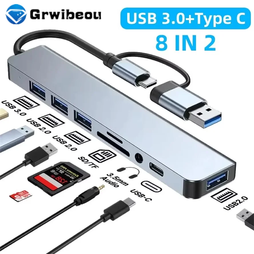 

USB 3.0 Type C Adapter Docking Ststion USB 2.0 Port TF SD Card Reader Audio Output Multi-hub Splitter for Macbook Pro Computer