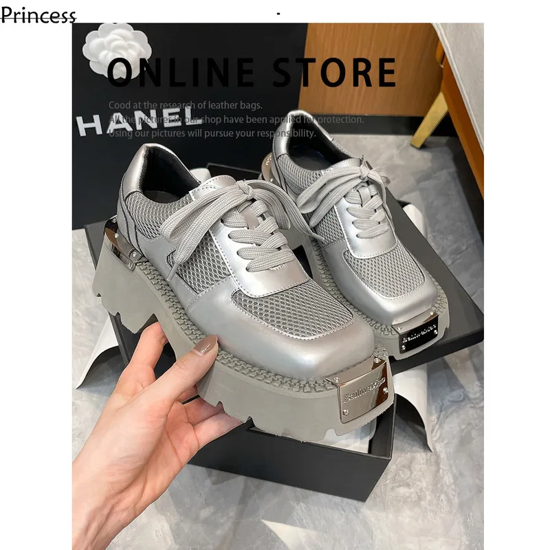 

Silver Lace Up Small Leather Heels, Thick Soles, Increased Height, Wasteland Style, Personalized Derby Shoes, Metal Decoration,