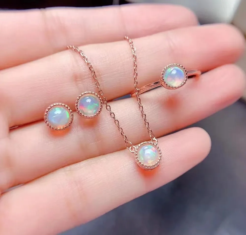 Natural Real  Sillver 925 Set Natural Opal Jewelry Set 925 Sterling Silver 1pc Ring,1pc Pendant  Earring 5mm Natural Gem Stone