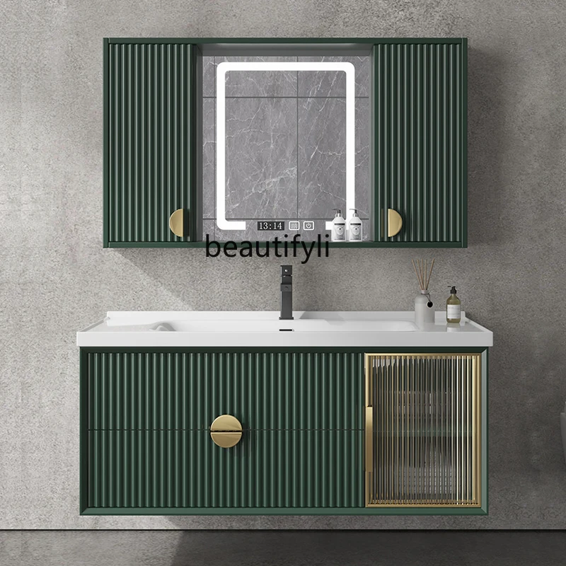 

Neoclassical oak bathroom cabinet combination smart mirror cabinet ceramic integrated wash basin