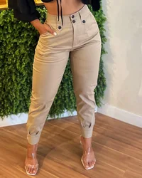 Women's Pants 2024 Spring Fashion Button Pocket Design Casual High Waist Solid Color Daily Long Pants Y2K Streetwear