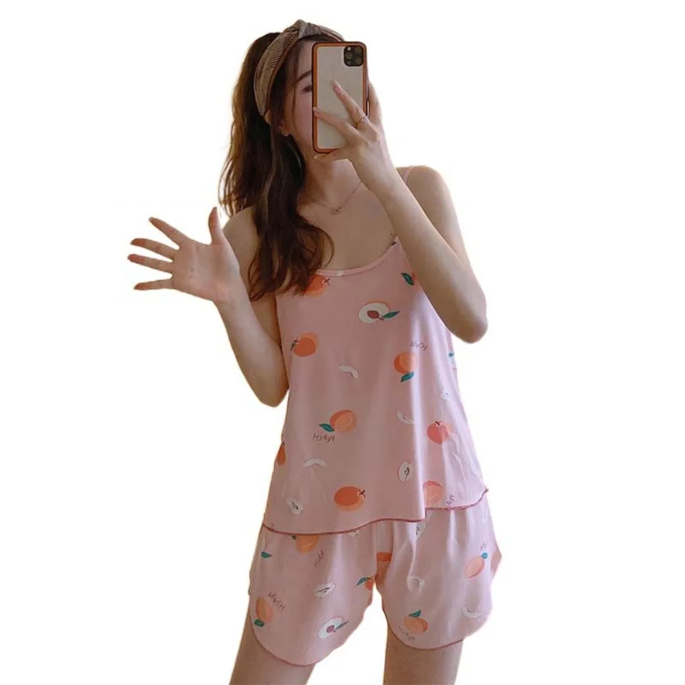 

Cute Round Neck Camisole Shorts Nightwear Summer Strawberry Sleeveless Pajamas Women Loose Homewear Sweet Sleepwear Set Girl