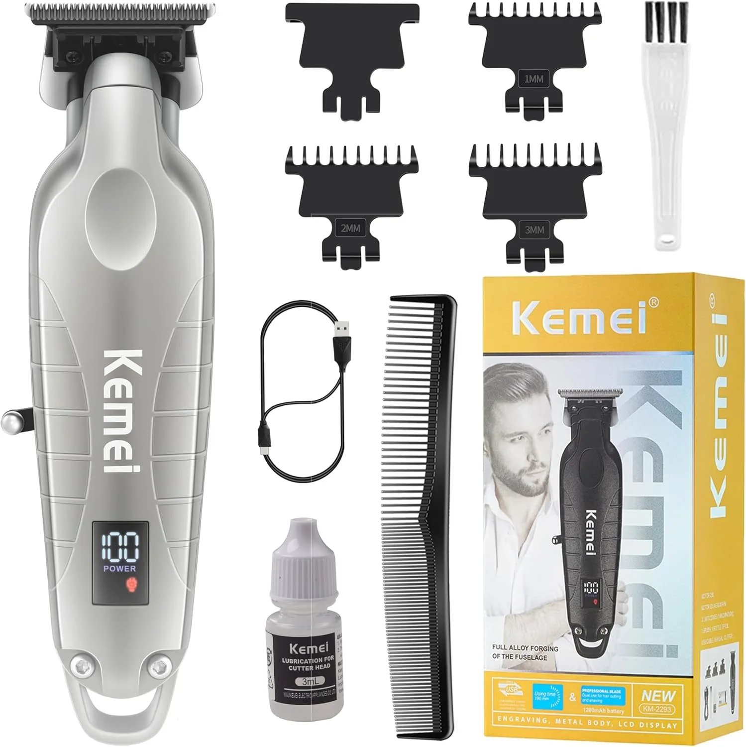 Kemei 2293 Professional Barber Hair Beard Trimmer Men Rechargeable Finish Hair Cutting Machine Cordless Zero Gapped Hair Clipper