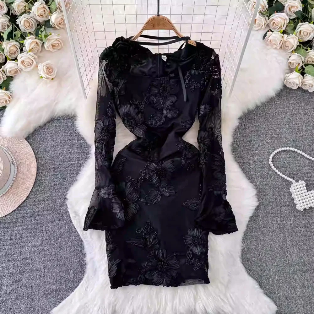 Elegant Square Neck Vintage Flare Sleeve Chic Embroidered Floral Halter Dresses Slim French Evening High Street Autumn Clothing