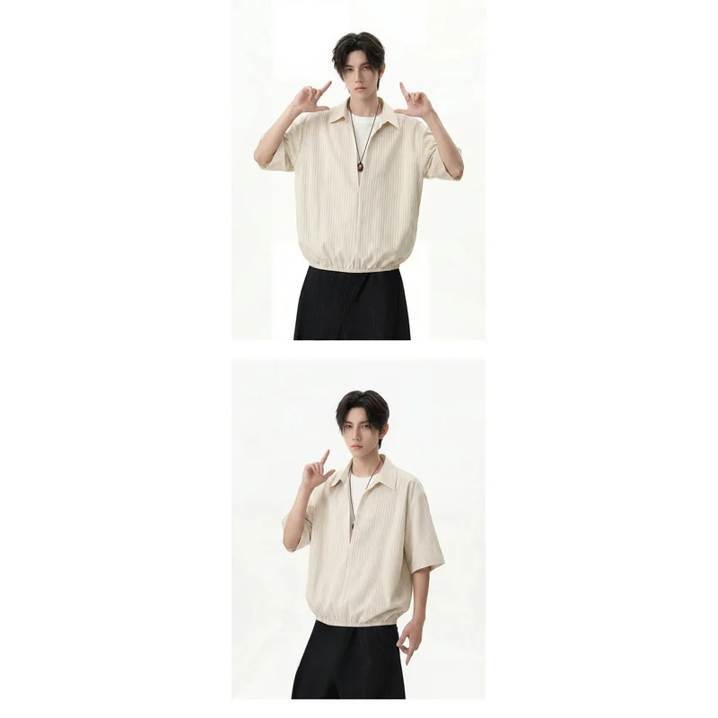 QICHE Men 2026 Summer Fake‑Two‑Piece V‑Neck Vertical‑Stripe Short‑Sleeve Shirt Elastic‑Hem Loose Casual Top