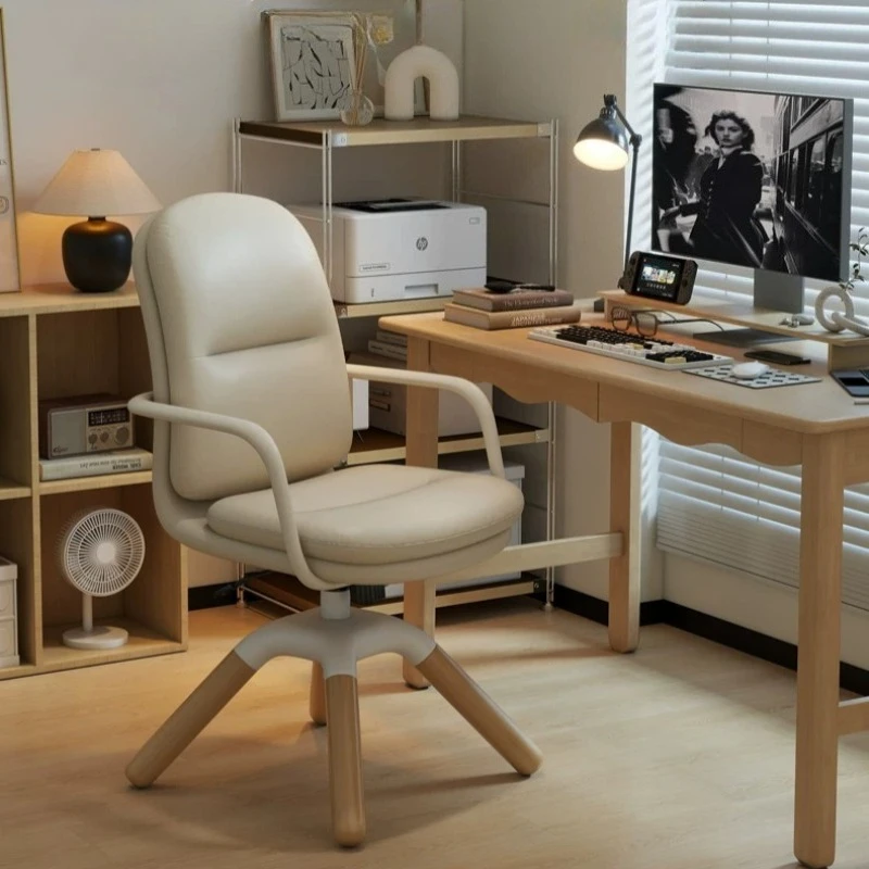 Ergonomic Vanity Chair Height- Adjustable 360° Rotatable Computer Chair Women's Office Bedroom Solid Wooden Leg Backrest Chair