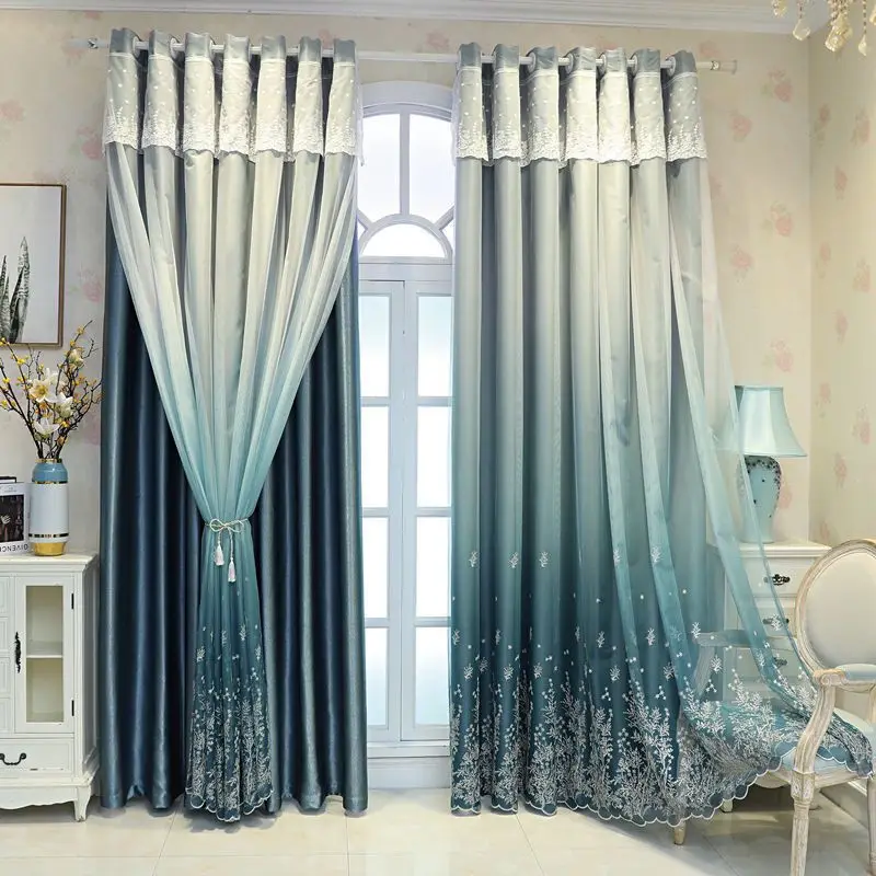 Nordic Minimalist Gradient Blackout Curtain with Sheer Lace Double-Layer Embroidered Snowflake Pattern for Bedroom & Living Room