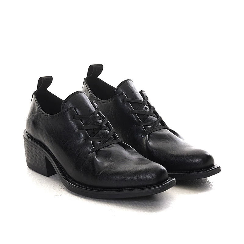 

True top horsehide washed pointed leather shoes men dark avant-garde high rise low top high heels wizard casual single shoes