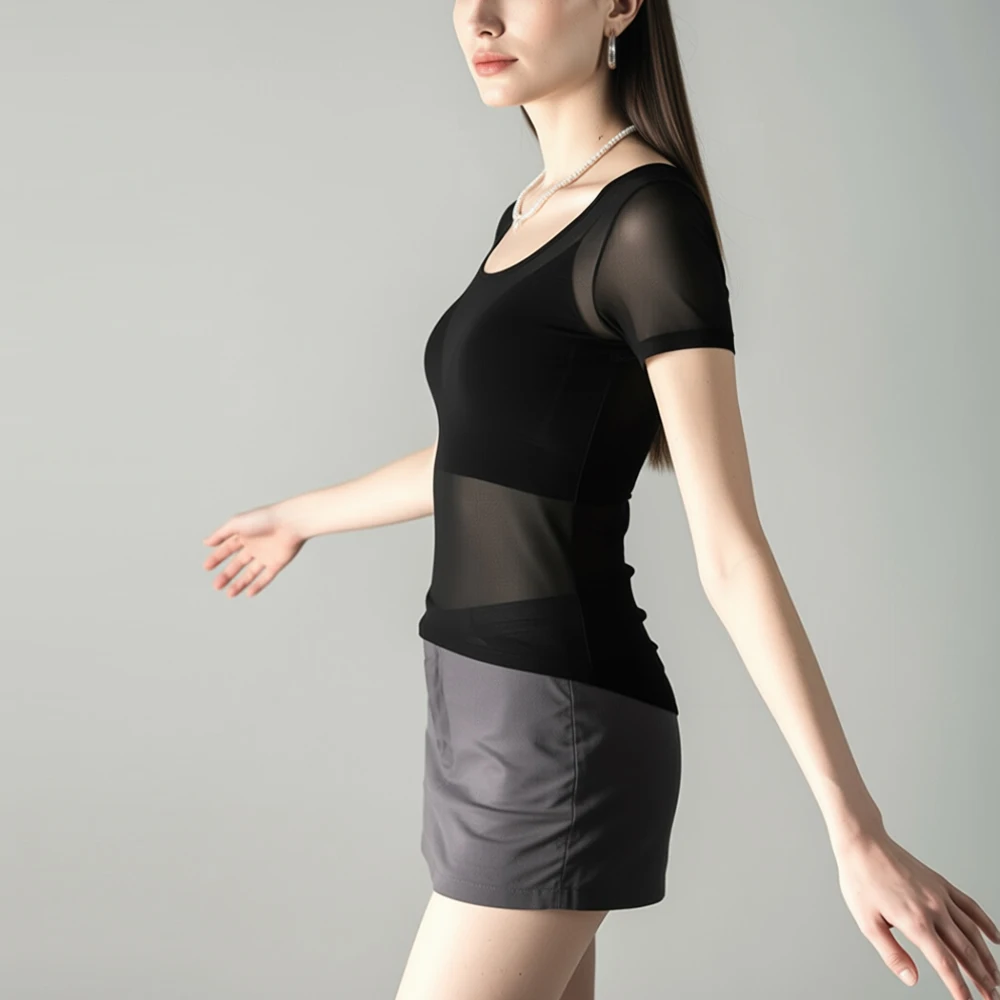 

Fashion Office Lady Elastic Mesh T Shirt Women Black White Slim O Neck Sheer Tee Female Shirts Tops Girls Streetwear Clothes