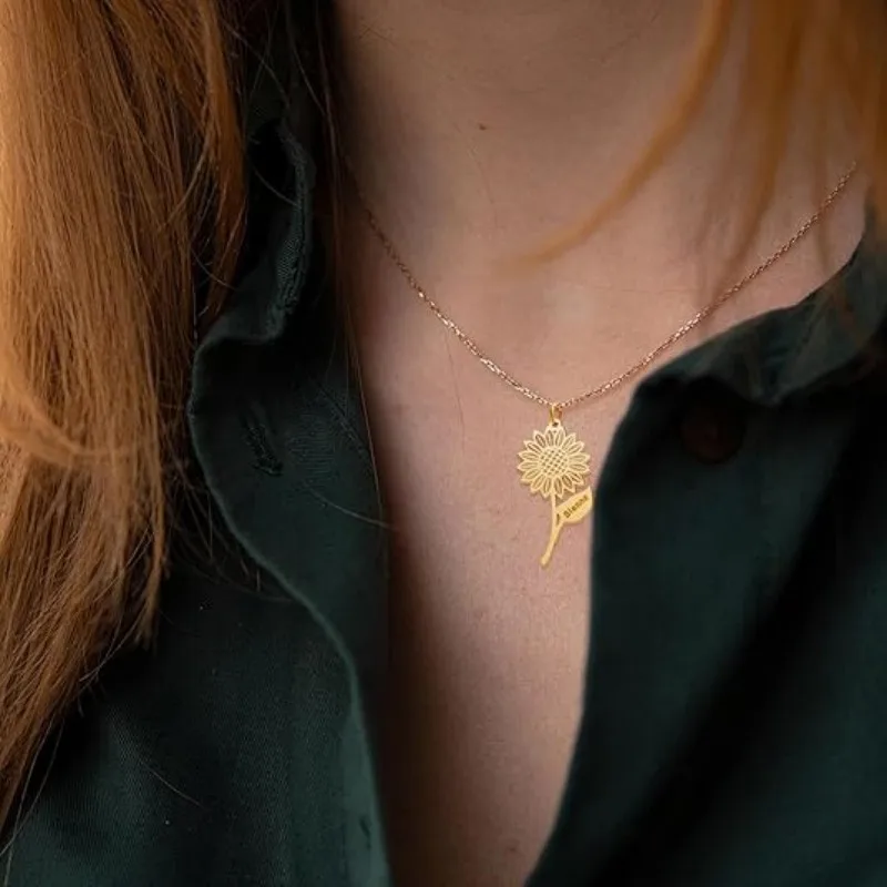 カスタマイズされたひまわりネームネックレスパーソナライズされたステンレス鋼の花のネックレス女性のひまわりペンダント誕生日ギフト