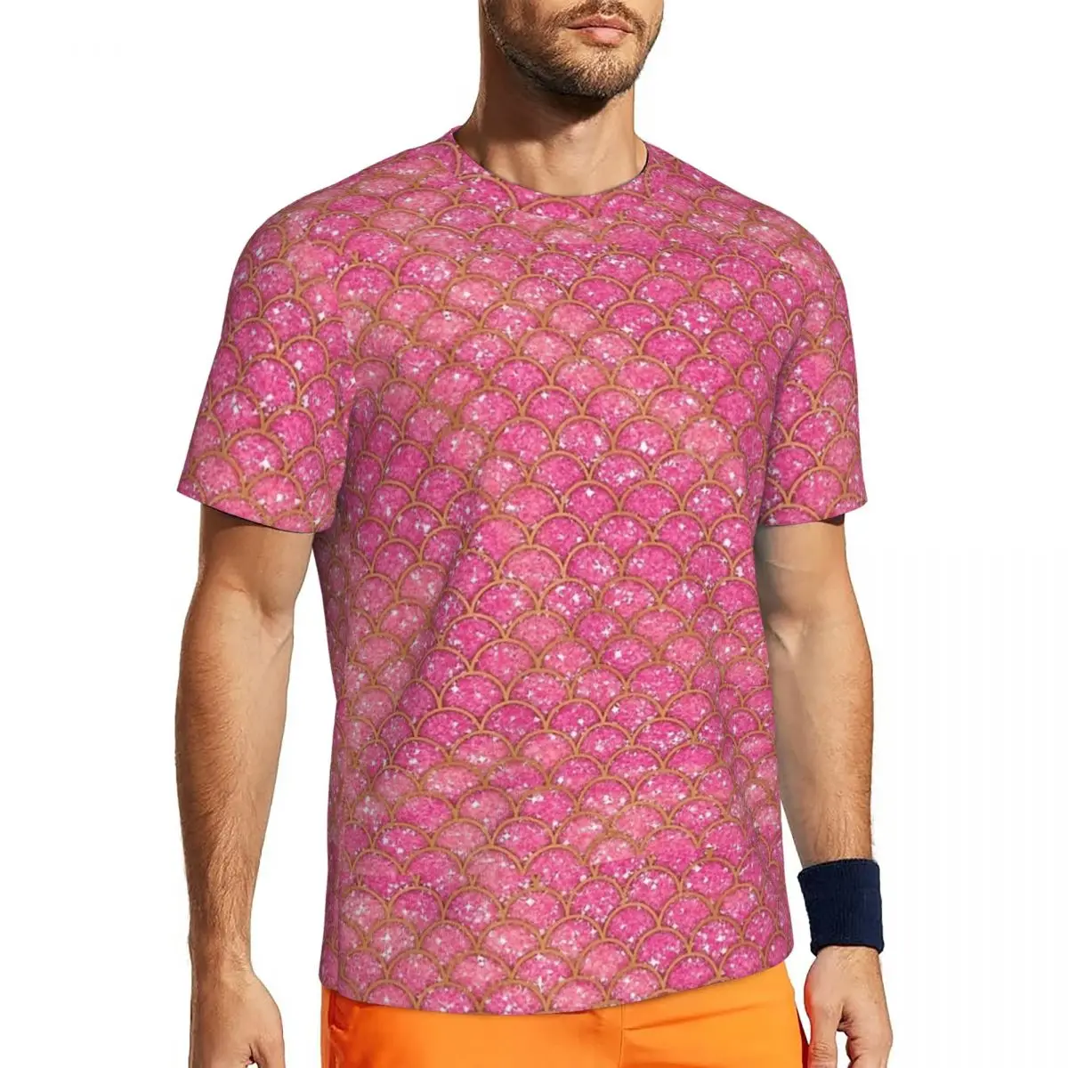 Gym T-Shirt For Men Pink And Gold Glitter Mermaid Scales T-Shirts Harajuku Summer Tees O Neck Y2K Casual Design Tops Gift