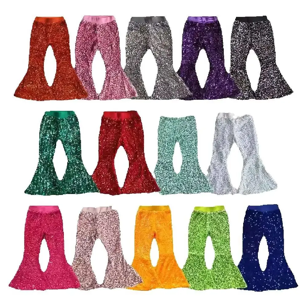 

Hot Sale Kids Designer Clothes Girls Sequin Glitter Bell Bottom Pants Boutique Baby Girls Sequins Bell Pants Fashion Girl Bottom