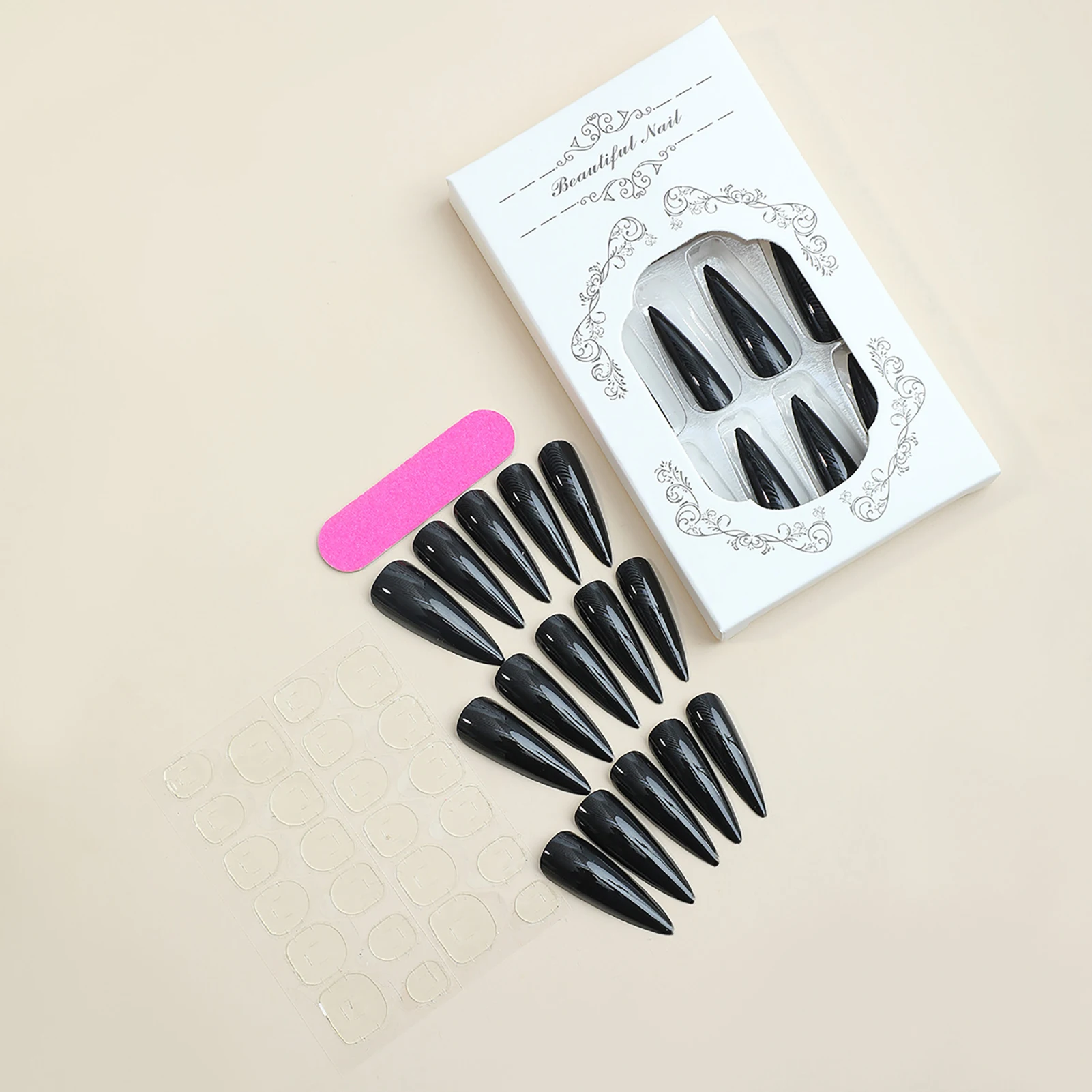 24 Stück lange, spitze künstliche Nagel-Patches, glänzend, dunkelschwarz, coole, tragbare Press-On-Nägel, einfarbig, vollflächig abdeckend, künstliche Fingernägel – Detail 4