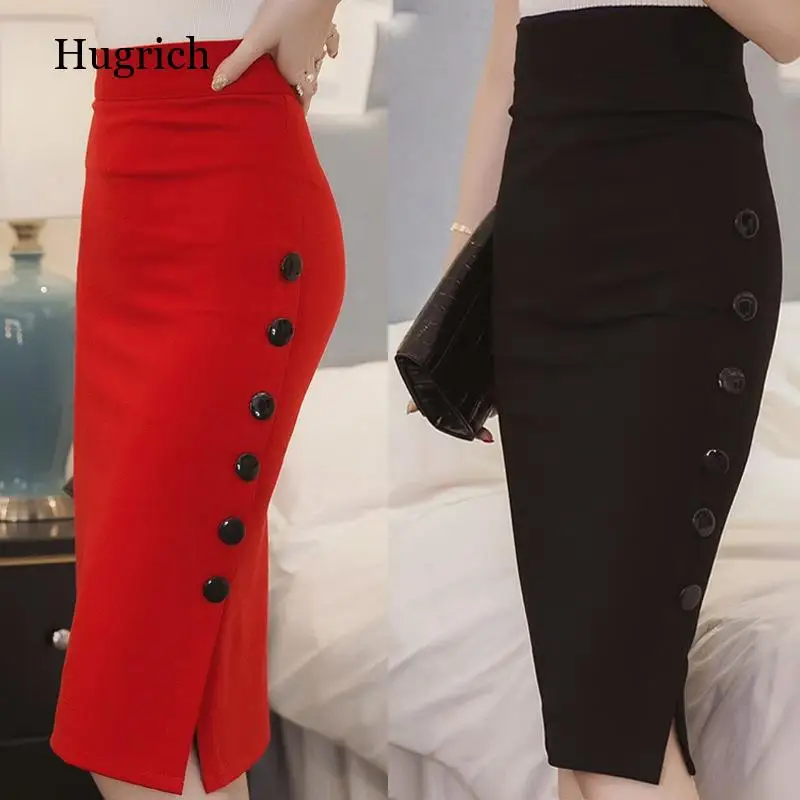 

Elegant Skirts Women Vintage Office Lady High Waist Buttons Slit Pencil Skirts Women S-5Xl Stretch Midi Skirts