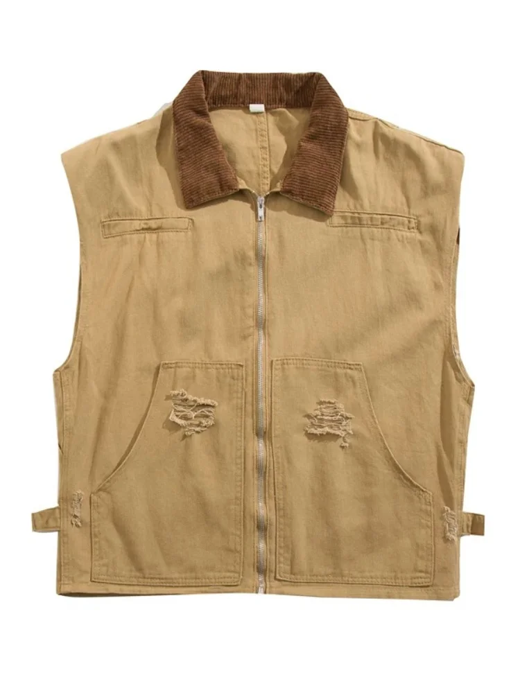 Men’s Vintage Sleeveless Denim Vest Heavyweight Washed Ripped Jean Gilet Utility Cargo Large Pockets Loose Zip Jacket Tank Top