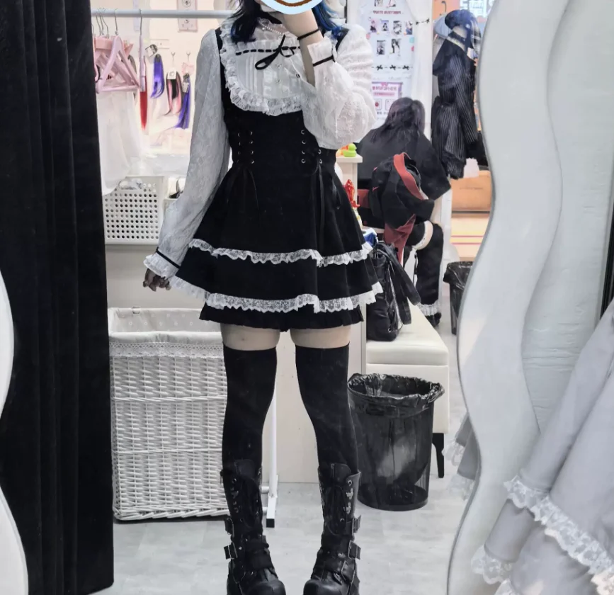 Japanese Temperament Lace Square Collar Women Long Sleeve Cake Dress Fashion Age Reduction College Lace-up Princess Dresses Sets