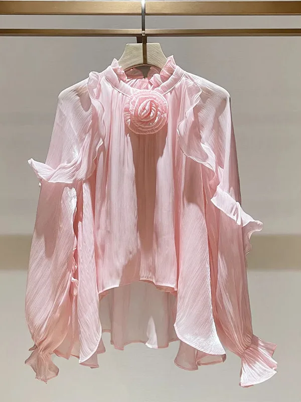 

Розовая женская блузка Ele Pink с 3D-цветами роз, уникальная, очень красивая, с длинным рукавом, с эффектом омоложения и стройности