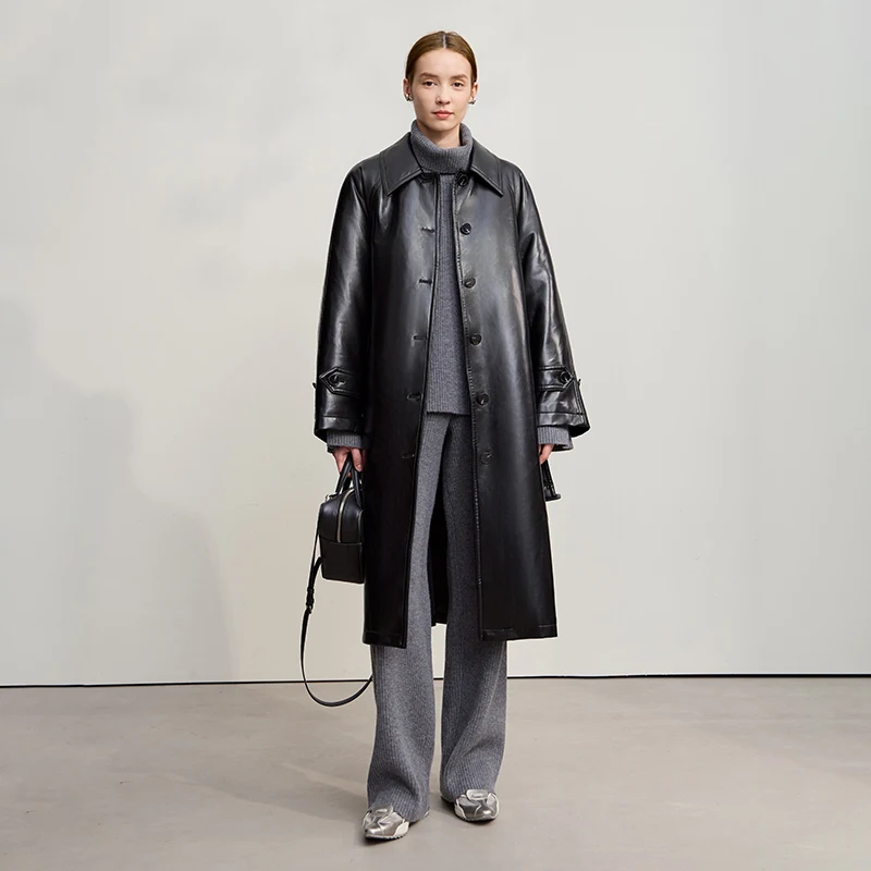 AMII 다운 코트 2025 겨울 신상 벨트 포함 PU 가죽 솔리드 롱 다운 재킷 여성용 따뜻한 싱글 브레스티드 스트레이트 탑 12554039