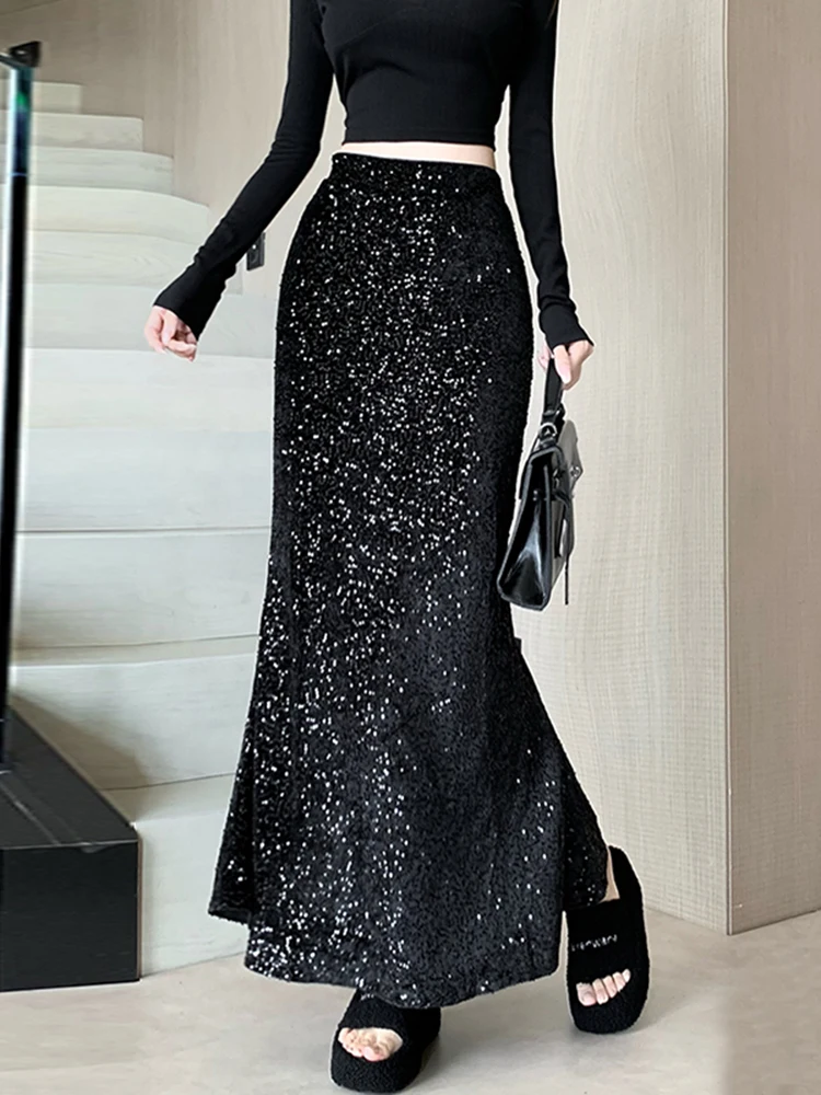 

High Waist A-Line Skirt Women's Ele Sequin Bla Slimming Skirt Faionable Fi Tail Skirt Spring Autumn Winter New...