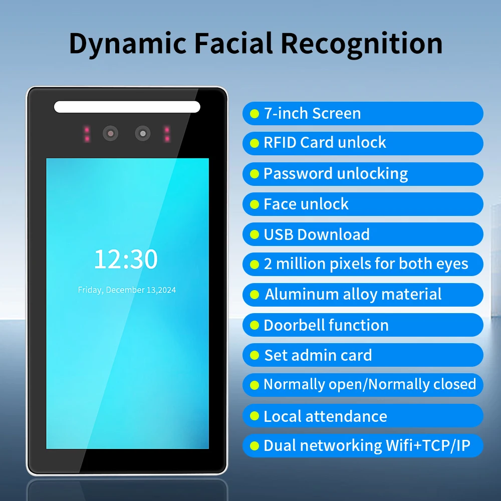 

Tuya WiFi Smart Door Lock 7" Touch Screen Facial Recognition Access Control RFID Card Password Time Attendance Reader