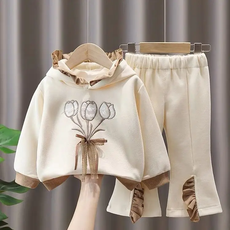 Children\'s Clothing Sets Tulip Embroidery Lace Hoodie + Pants 2pcs Kids Clothes for Girls 2 To 6 Years Toddler Girl Clothes