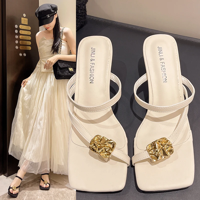 Summer New Women's Slippers Square Toe Grace Narrow Band Solid Casual Sandals Waterproof Block High Ladies Shoes