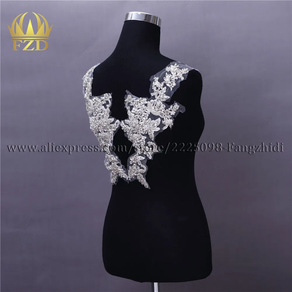 FZD 1 Pair Crystal Beaded Embroidery Patches White Pearl Beds Trimming for Wedding Dresses Bridal Bridesmaid Beaded Applique DIY