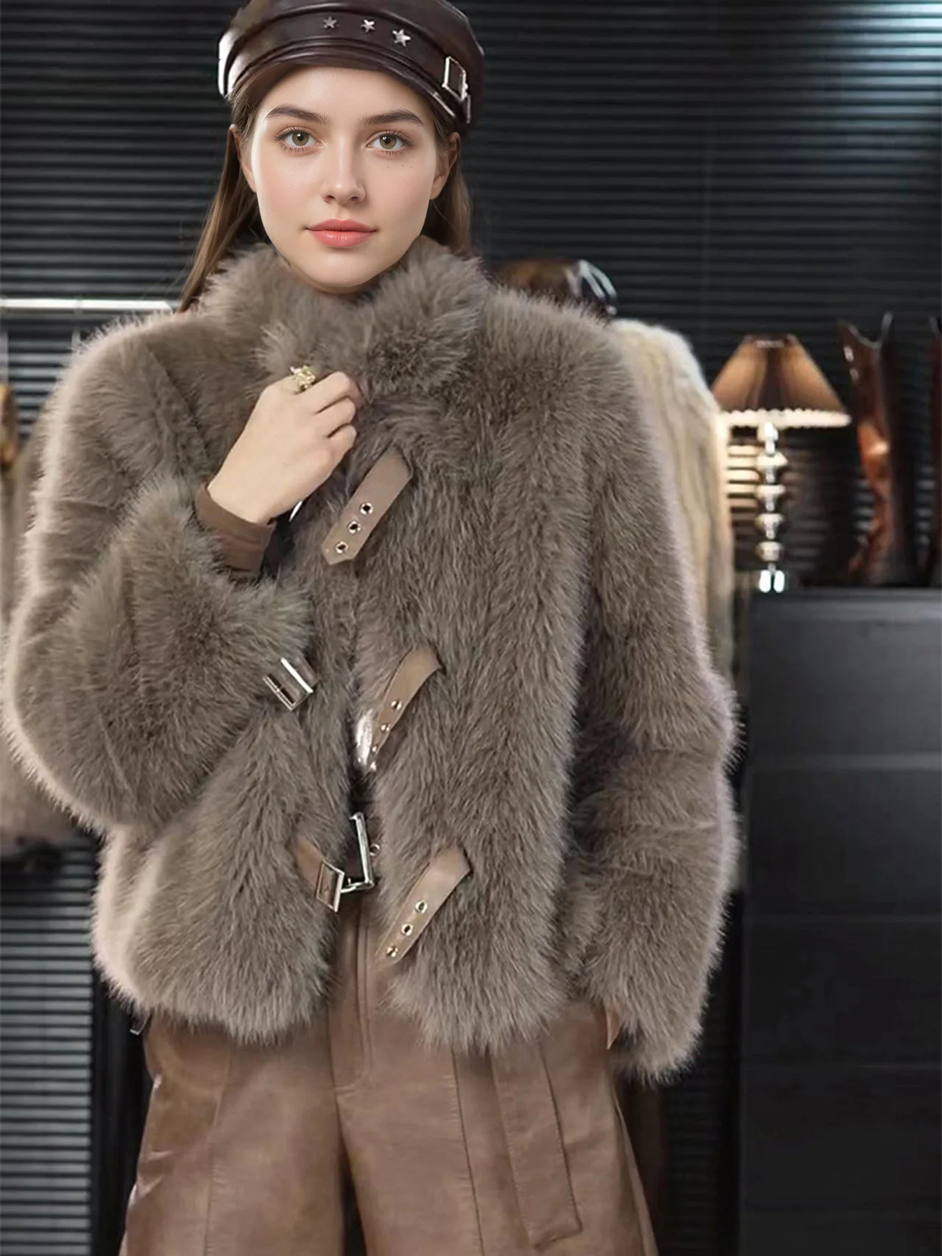 Women's Winter Design Inspired Fox Fur Integrated Coat New Fur Top Trendy Animal Print Warm Outerwear for Ladies