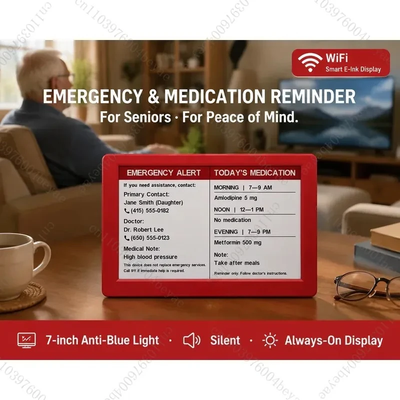 Intelevia 7-inch WiFi smart e-ink display, emergency alerts and medication reminders for the elderly