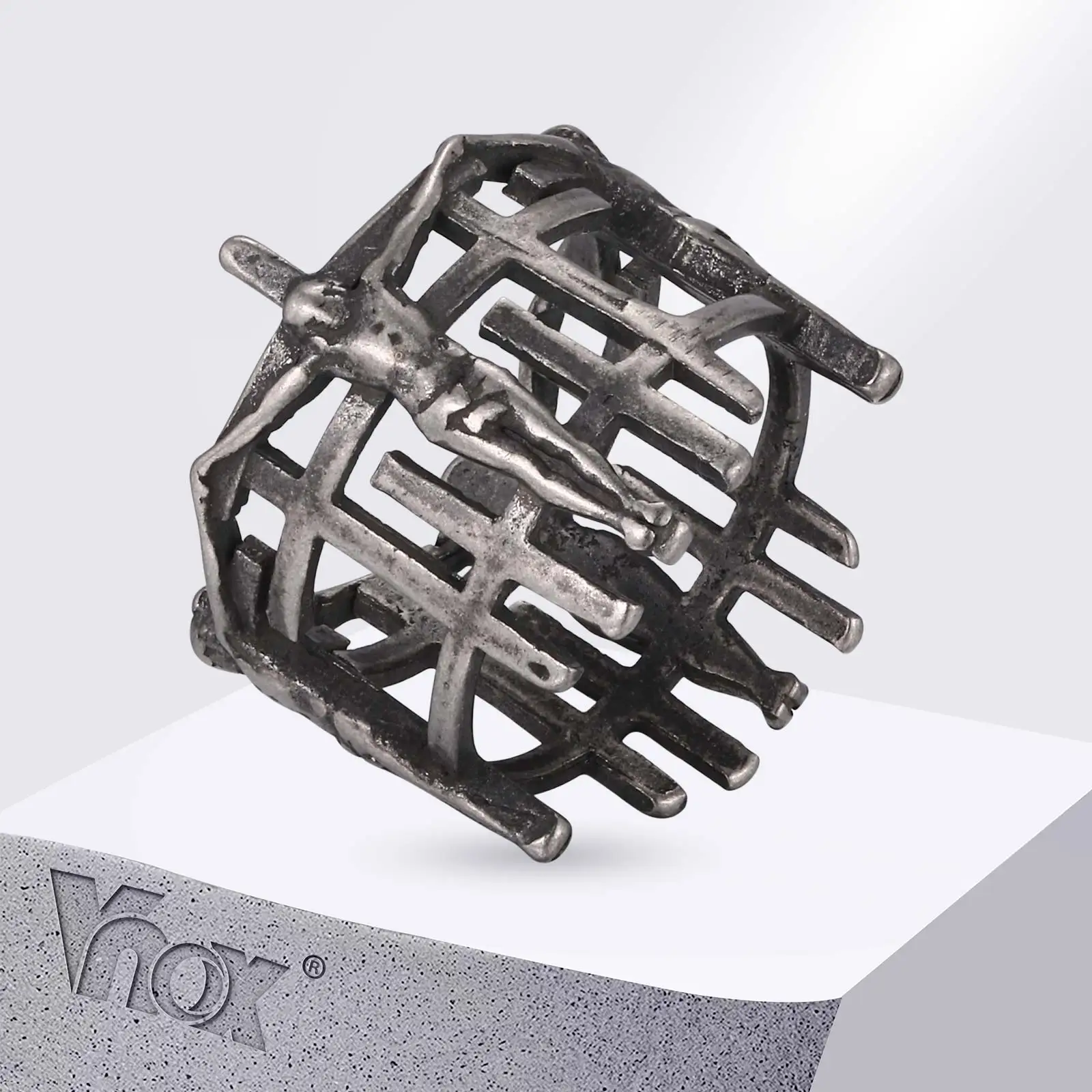 Vnox Antique Cage Crucifix Ring for Men, Gothic Punk Hollow Jesus Cross Finger Ring Religious Christian Amulet Jewelry Gift