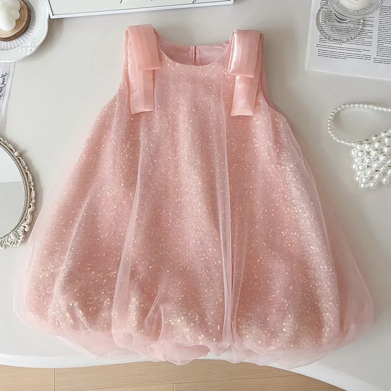 

2025girl new sleepveless Western style fashion sequin gauze Bud princess dress